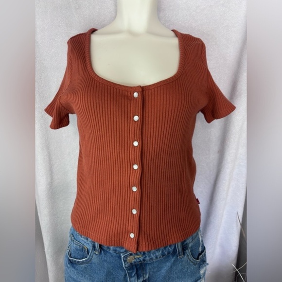 Levi's Ribbed Knit Top Rust Brown Short Sleeve‎ Tee Casual Top Size L - Picture 1 of 3